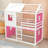 Wooden House Bunk Bed With Roll‑Up Tent, Guardrails And Ladder-2139205925-2139205924