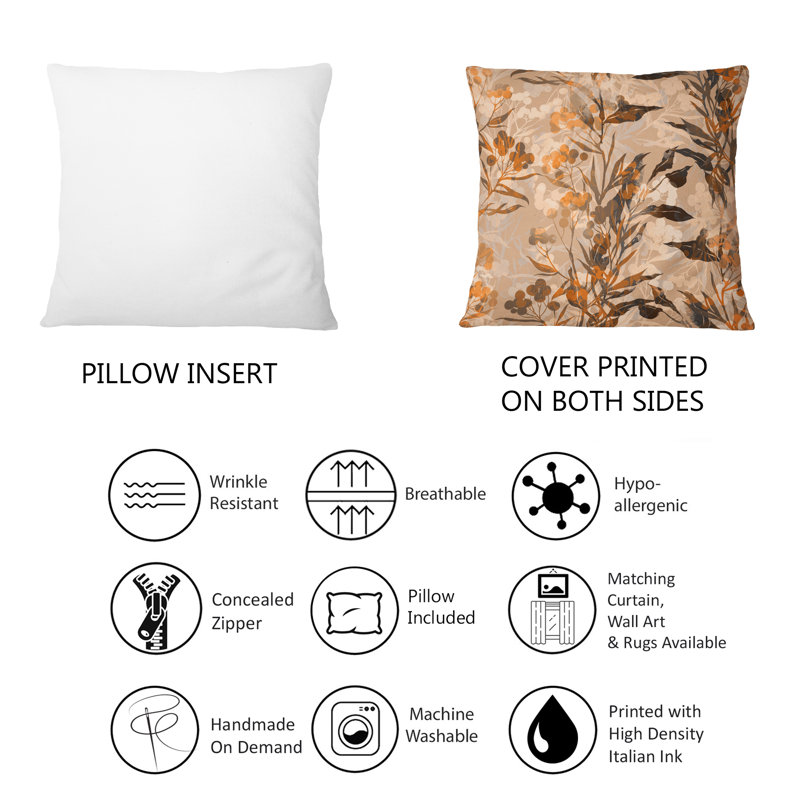 Empreintes de feuilles et de graines avec des fleurs de prairie - Coussin décoratif à motif 1