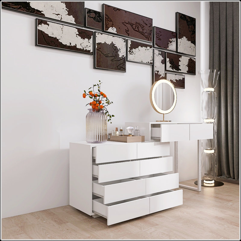 Commode à 10 tiroirs sans poignée prolongée, meuble-lavabo blanc pour un rangement organisé et sans poussière