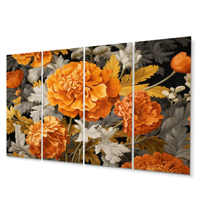 Orange Grey Marigold Splendor Plants & Flowers Wall Decor on Metal