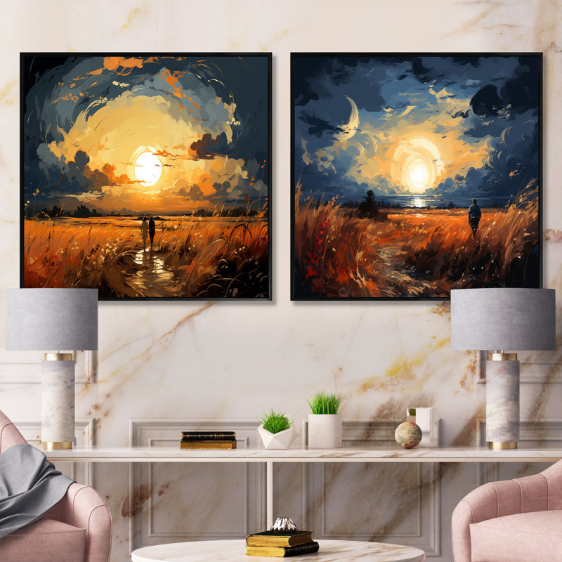 Wheatfield On A Summers Day Rural Farmland - Meadow Square Collage Set Of 2, Black Floater Framed, 16" H x 33" W