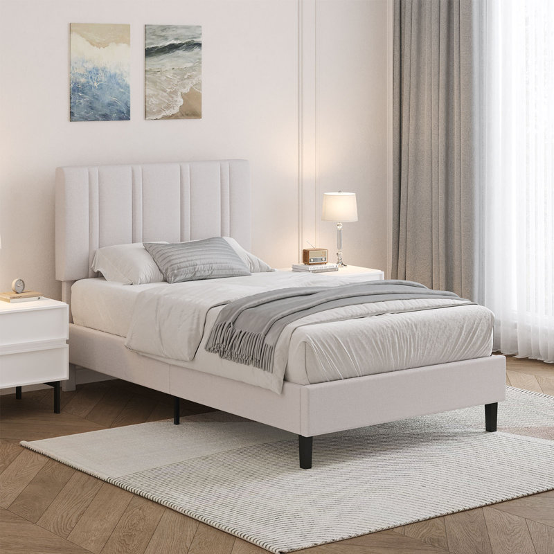 Tête de lit capitonnée, lits plateforme tapissiers avec support en lattes de bois, structure de lit en tissu, Simple, Crème