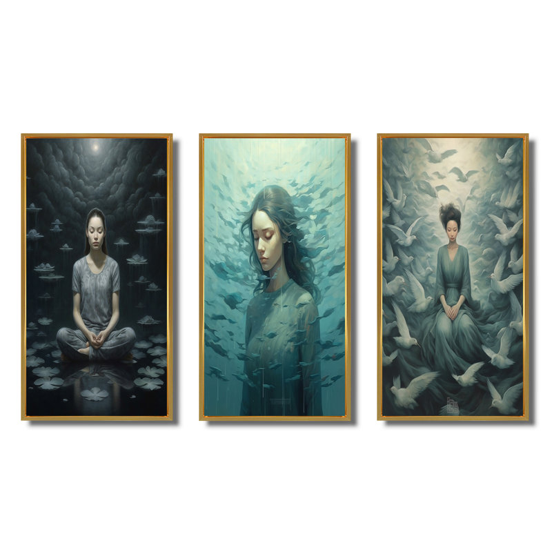 «Mindfulness Grace Woman Meditation», 3 pièces sur toile, Encadrement doré, H 60 po x l 40 po