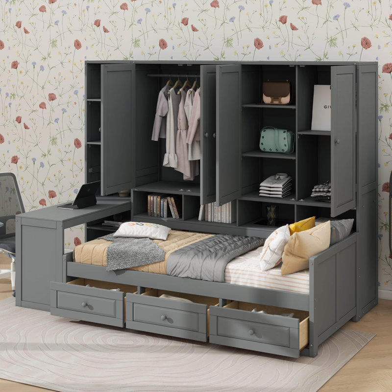 Lit de jour en bois avec trois tiroirs, rangement intégré et espace de travail, Gris, Lit simple