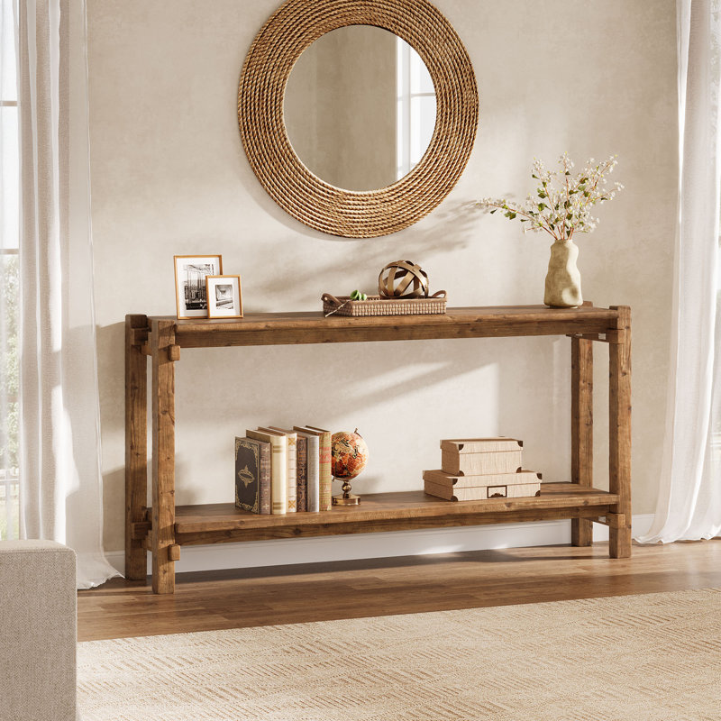 63-Inch Solid Wood Console Table with Storage, 2-tier Farmhouse  Entryway Table for Hallway