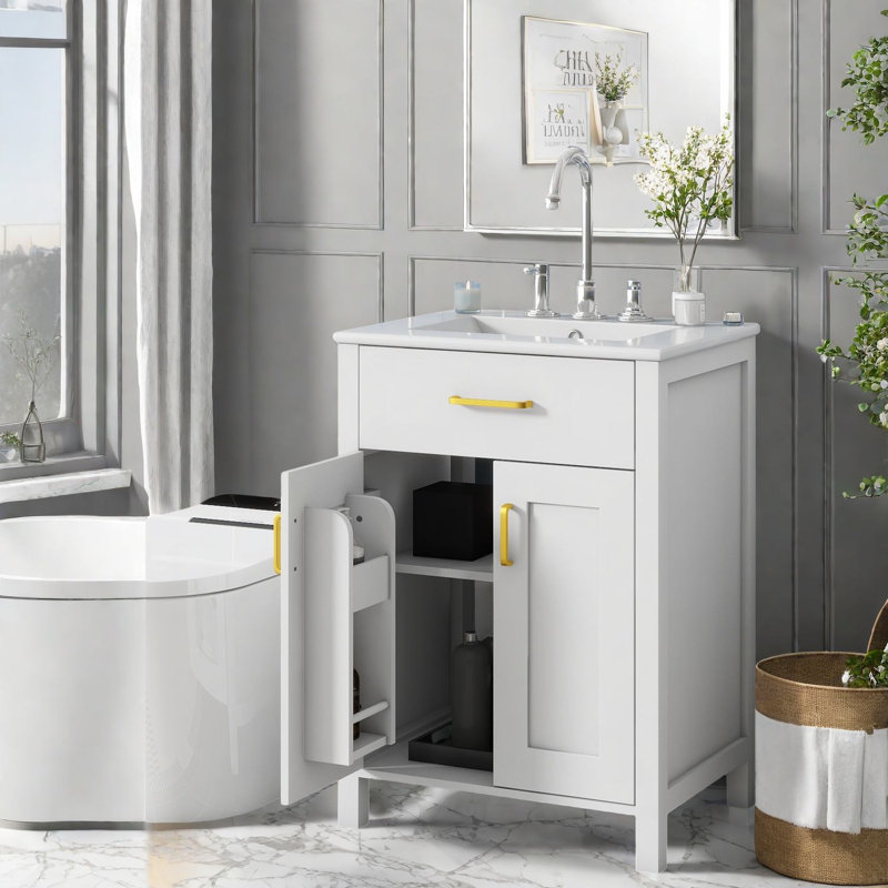 Meuble-lavabo peu encombrant avec lavabo en céramique, accents dorés modernes