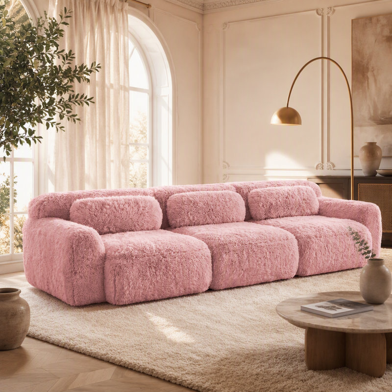 Tissu moelleux moelleux et moelleux de 114 po, canapé modulaire modulaire, conception ergonomique avec repose-pieds et coussins décoratifs, raccordement à boucle à compression complète pour étude, cinéma maison, rose