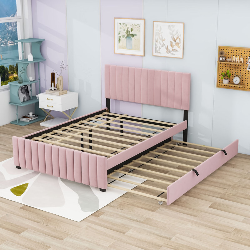 Lit plateforme tapissier avec lit gigogne, Pink