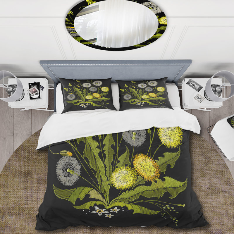 Pissenlit sur fond noir - ensemble de housse de couette traditionnel - microfibre de polyester