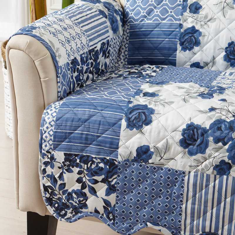 Navy Patchwork Reversible Scalloped Sofa Protector