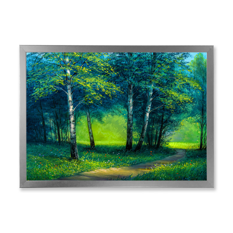 «Path Into Green Summer Birch Forest», art mural sur toile traditionnel, H 16 po x l 32 po x P 1 po, Cadre photo argenté