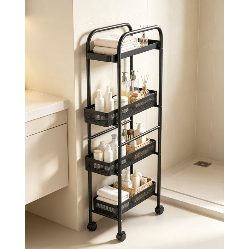 Chariot de rangement étroit avec panier coulissant, chariot utilitaire à roulettes pour cuisine, salle de bain et buanderie, organisateur coulissant avec étagères à glissement fluide, conception étroite et peu encombrante pour les espaces restreints.