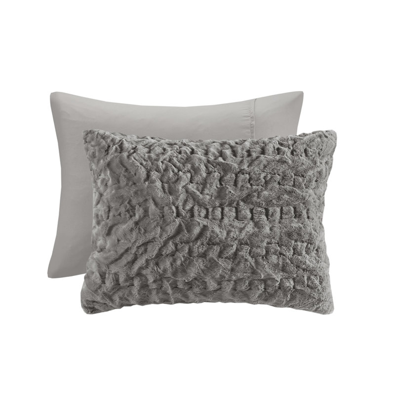 Blair Ruched Faux Fur Comforter Set, Full/Queen Comforter + 2 Standard Shams, Gray