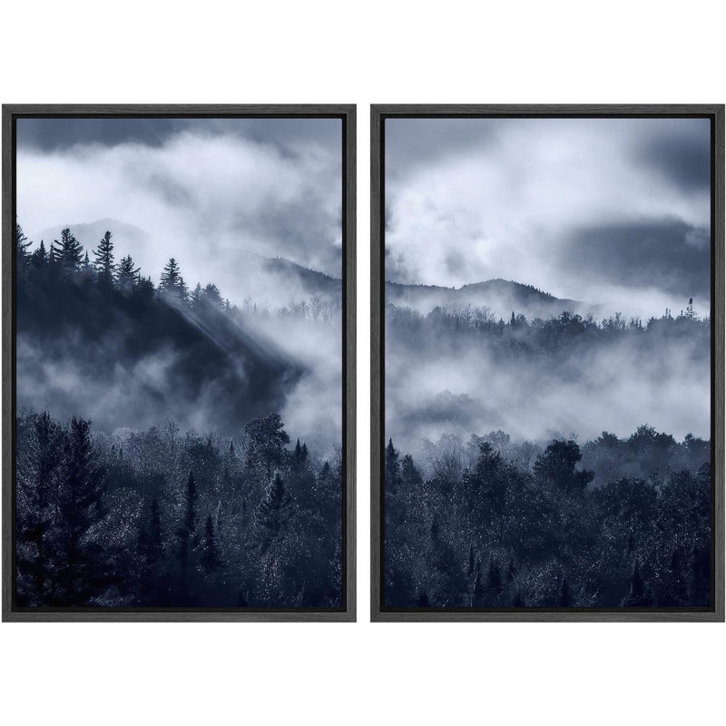 Duotone nuageux, chaîne de montagnes, paysage naturel, impression sur toile, 2 pièces, Cadre flottant noir