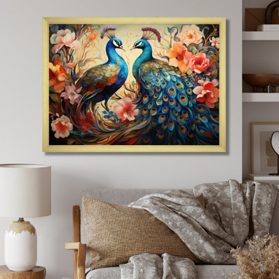 «Blue Coral Indian Art Dancing Peacocks I», art mural indien