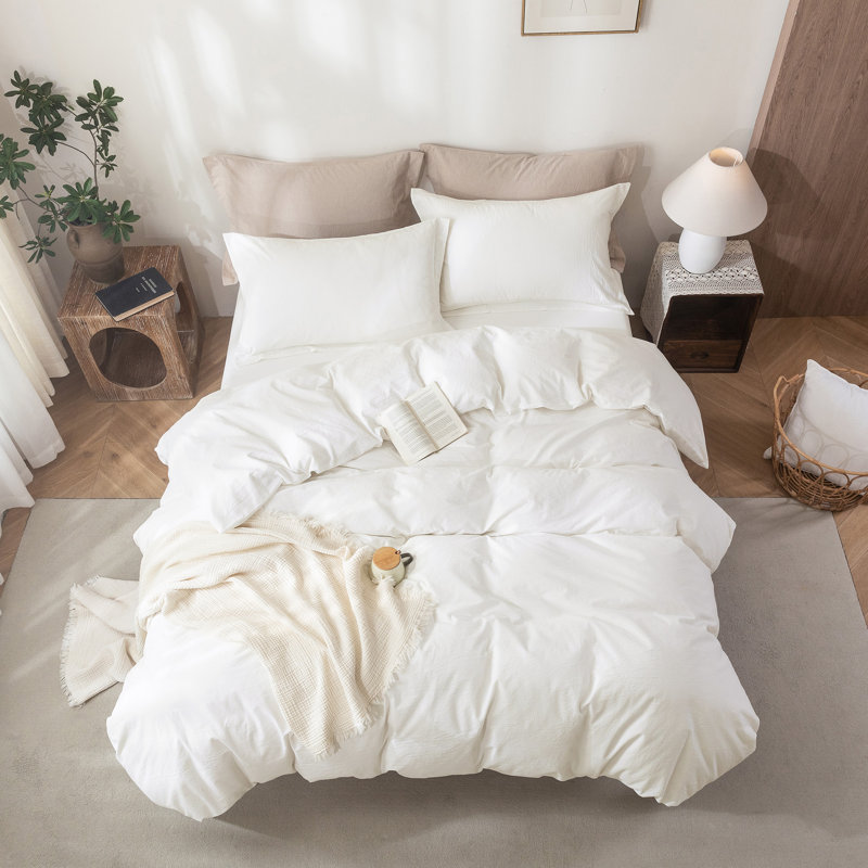Solayne 100% Washed Cotton Duvet Cover Set with Faux Hemp Texture, Solid Color, Zipper Closure and Corner Ties, Milky White