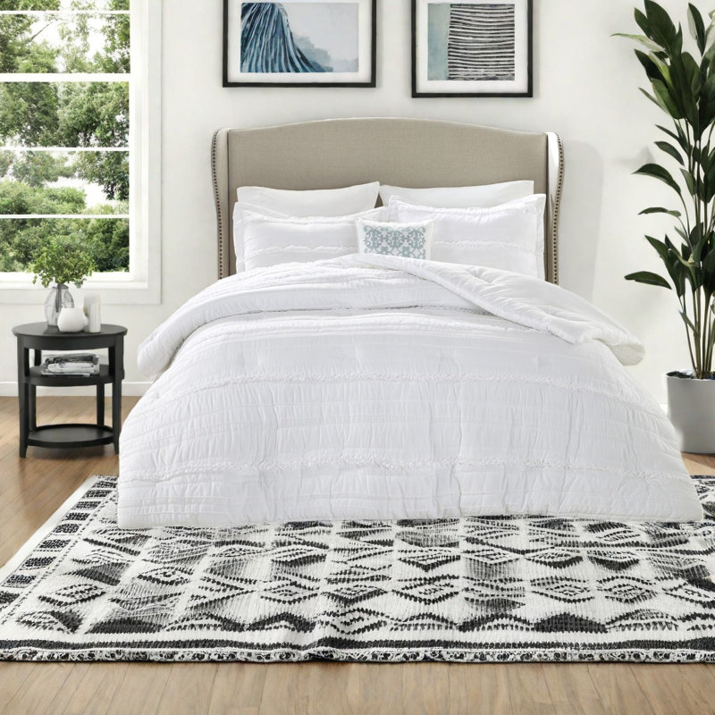 Elegant White Bedding Sets, Microfiber Comforter With Ruffled Design For Queen Bed