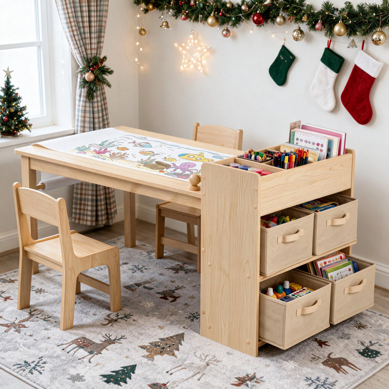 3-Piece Kids Art Table and Chair Set with Storage & Paper Roll Holder, 2 Ergonomic Chairs, for Drawing, Crafts & Play(beige)