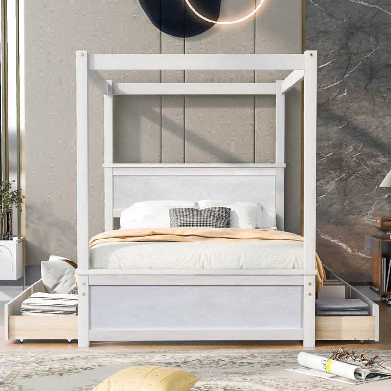 Lit à baldaquin avec 4 tiroirs - Maximisez l'espace, améliorez le style de la chambre à coucher, la plateforme en bois massif, le style intemporel, le rangement supplémentaire