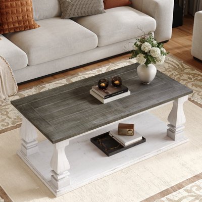 Rectangular Farmhouse Coffee Table, Solid Wood Plank Tabletop with Distressed Finish, Rustic Two-Tone Coffee Table with Thick Turned Legs & Storage Sh