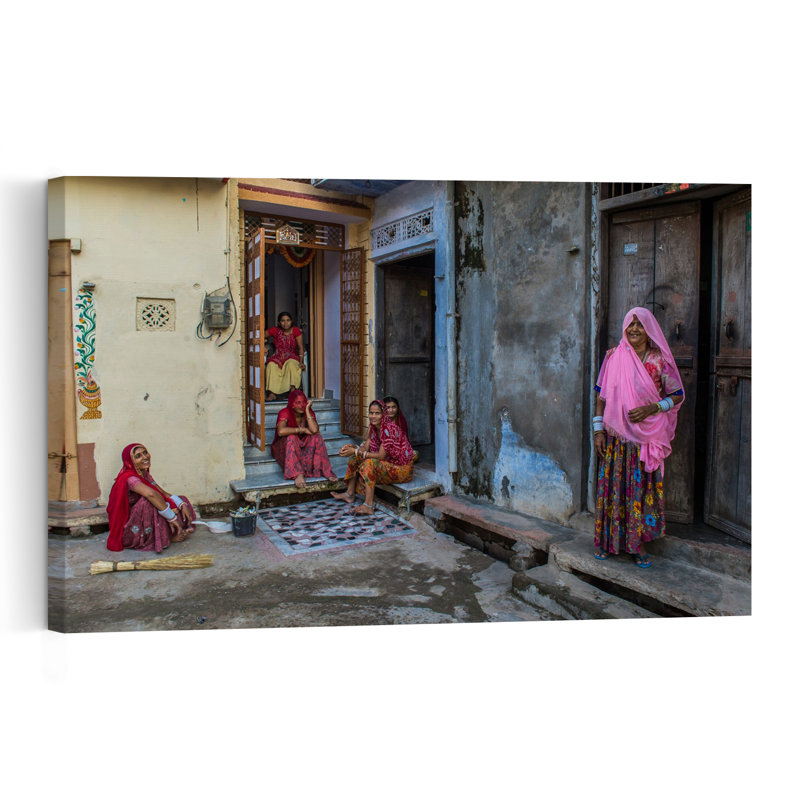 Happy Indian Village Women Colorful Traditional Vibrant Architecture Wall Art Print 1 Piece Wrapped Canvas Wall Art