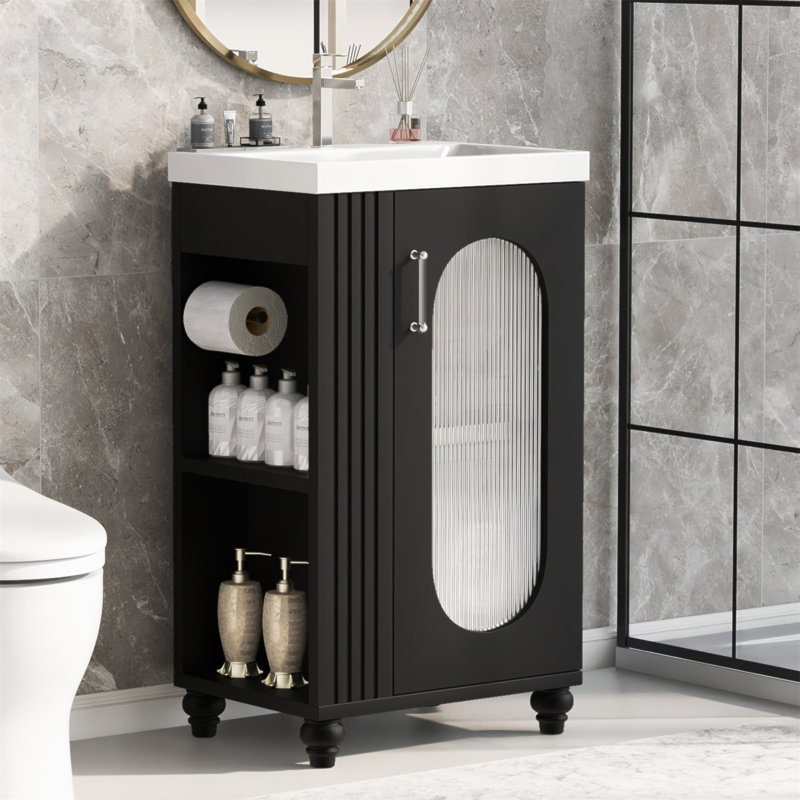Meuble-lavabo de 20 po avec lavabo, tablette à deux niveaux, rangement réglable, fabrication en bois massif et panneau de fibres à densité moyenne