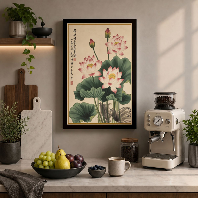 Lotus in Bloom Botanical - Wrapped Canvas, 24x16 - 61.0 x 40.6 cm, Terracotta Border