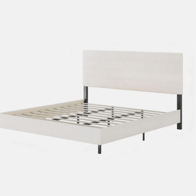 Lit plateforme tapissier de grande taille avec tête de lit grand, conceptions minimalistes en chenille de qualité supérieure, lit plateforme de style simple rétro sans sommier, assemblage facile, ivoire