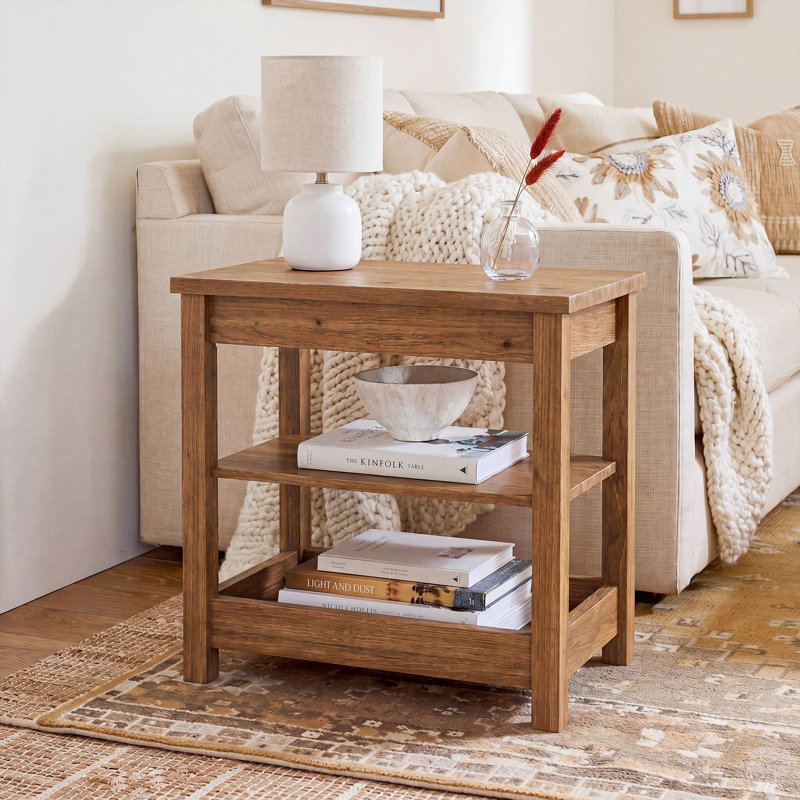 Solid Wood End Table with 3-Tier Storage, Dark Brown