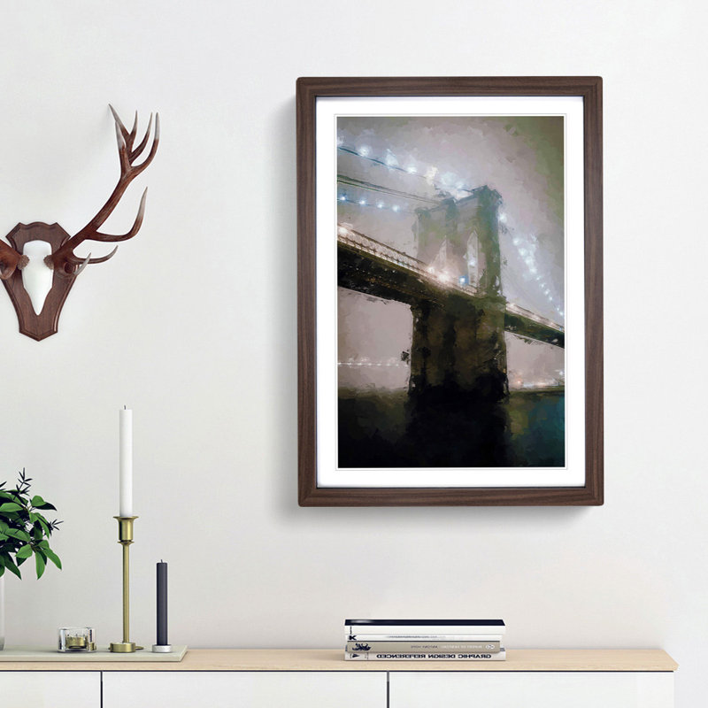 Lights of Brooklyn Bridge in Abstract - Picture Frame Graphic Art Print, Walnut Framed, 65cm H x 48cm W x 2cm D