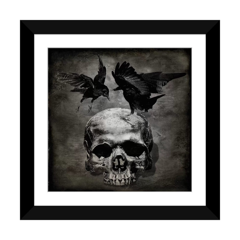 «Skull with Crows», impression sur toile, H 16 po x l 16 po x P 1 po, Papier d'art encadré noir, Blanc
