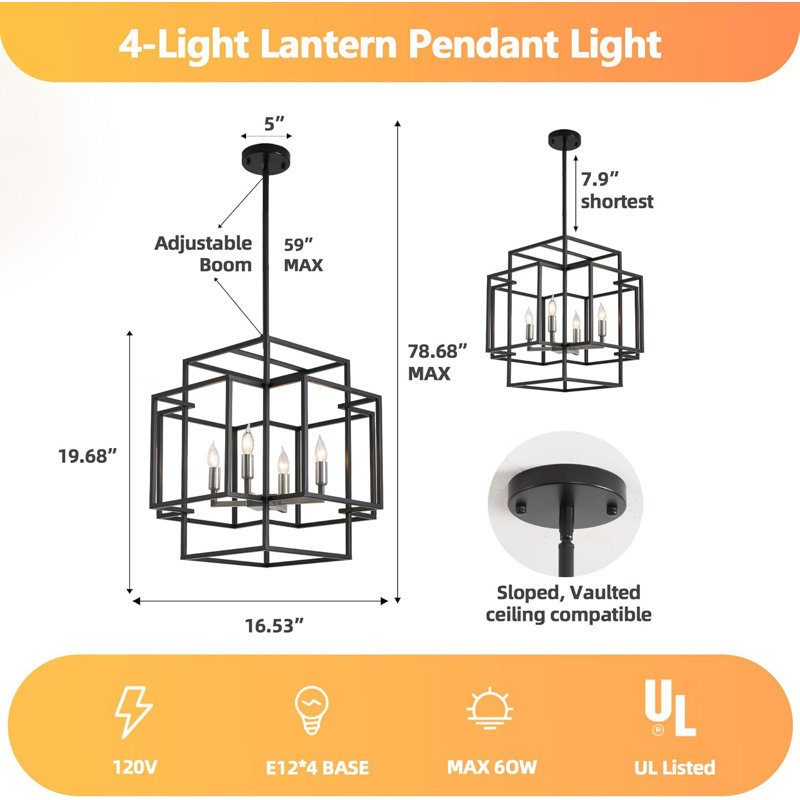 Luminaire suspendu industriel de 16,5 po à hauteur réglable avec luminaire suspendu industriel 4 lumières pour vestibule, salle à manger et îlot de cuisine, finition noire et argentée