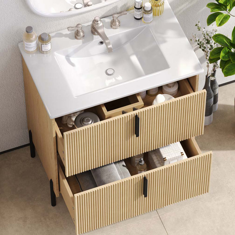 Meuble-lavabo de salle de bain avec lavabo en céramique et tiroirs pleine extension, Naturel