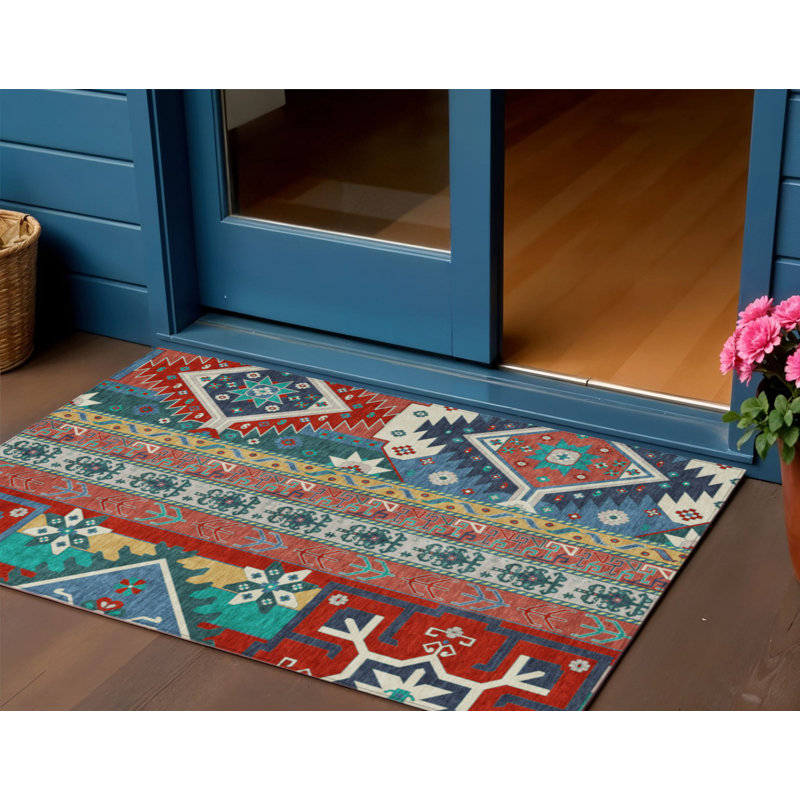 HomeRoots 3' X 5' Red Pink And Teal Blue Aztec Washable Indoor Outdoor Area Rug