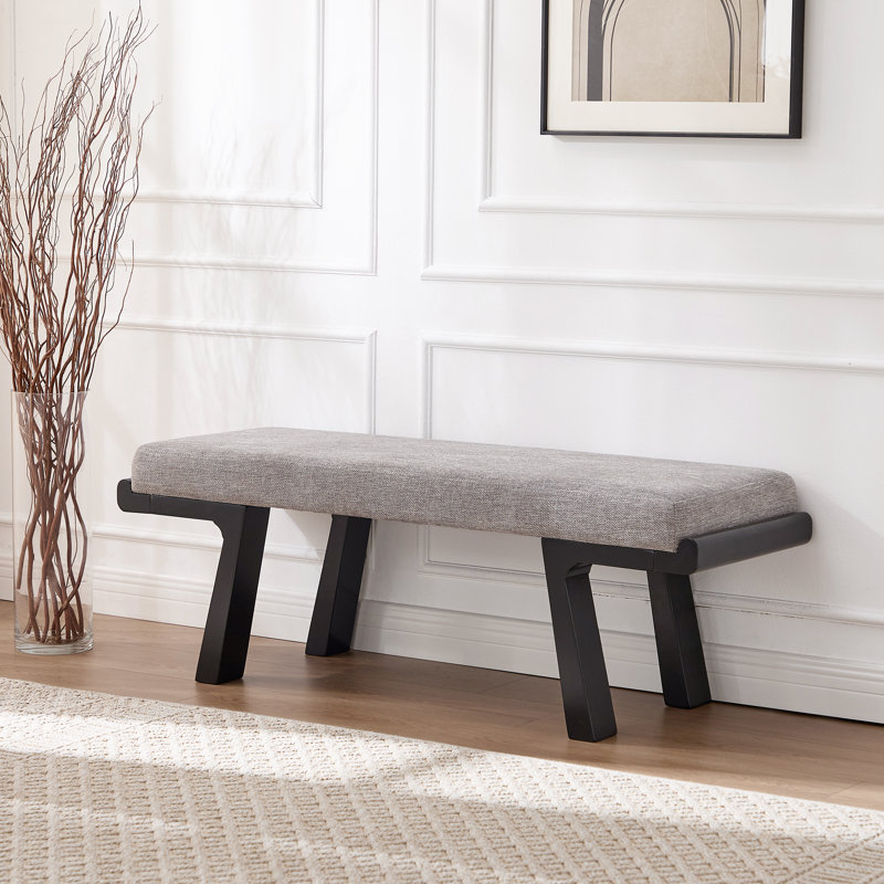 Anneus Gray Linen Upholstered Entryway Bench with Black Wood Frame, Gray/Black