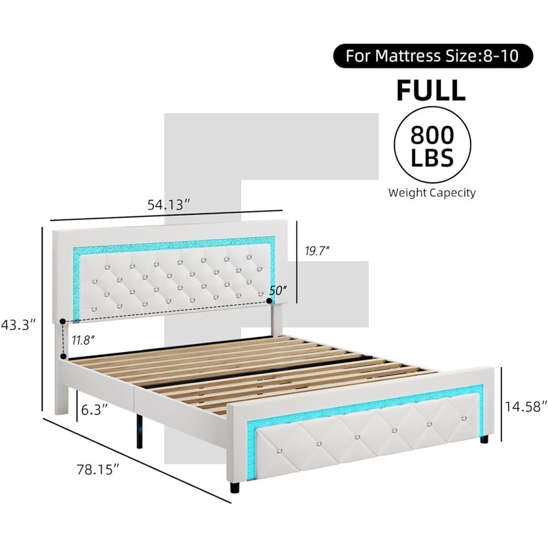 Structure de lit plateforme tapissier Alber avec lumières DEL et capitonnage à losange, Lit double, Blanc