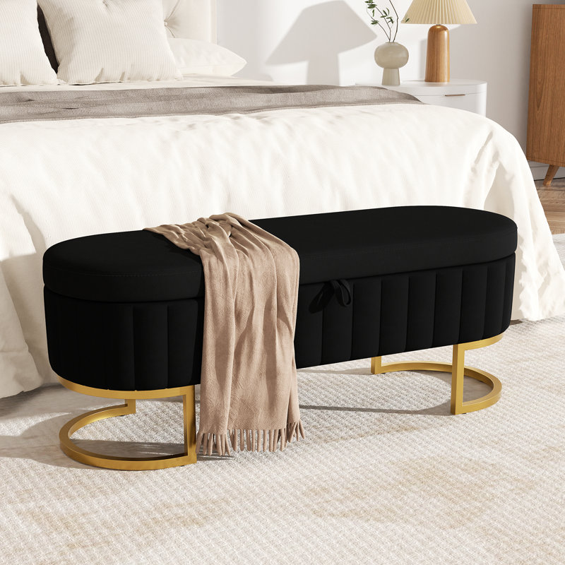 Velvet Upholstered Storage Bench with Horseshoe-Shaped Metal Legs for Living Room: Stylish and Functional Bed-End Solution