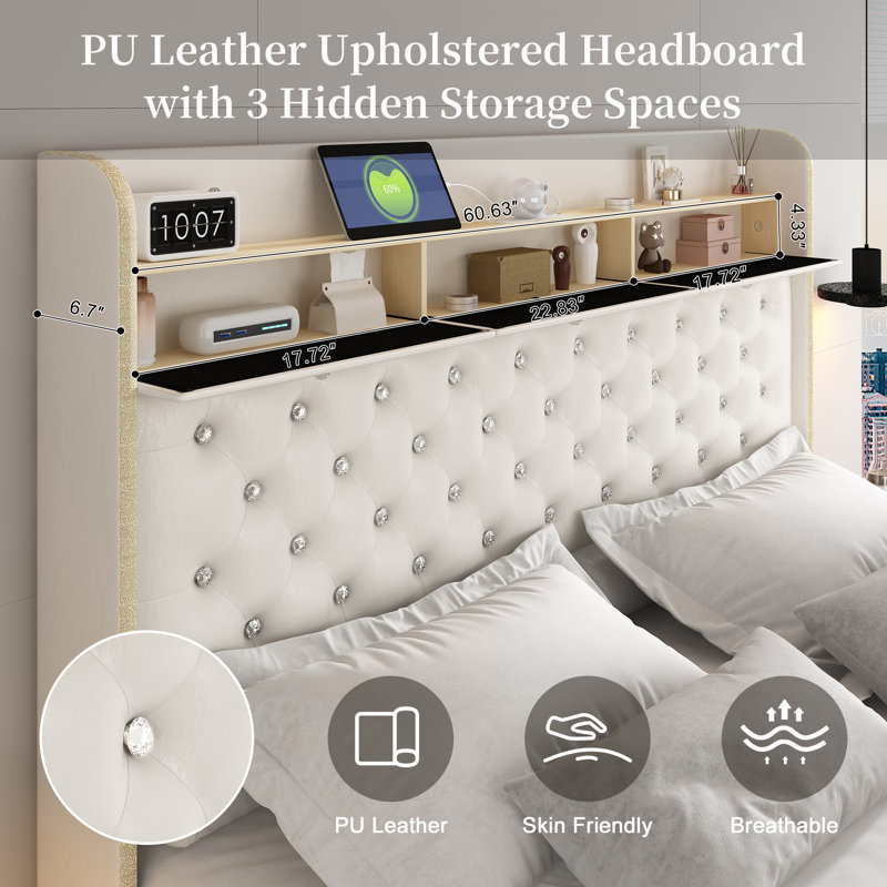 LED Bed Frame with Galaxy Projector, Charging Station, 52" Tufted Upholstered Headboard & 2 Drawers, White, Queen