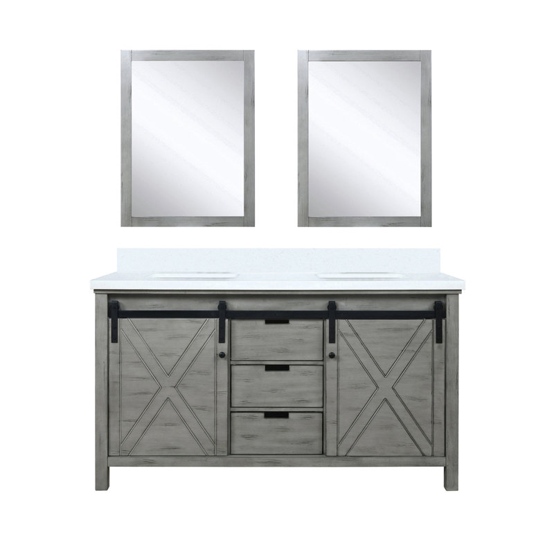 Meuble-lavabo double l 60 po x P 22 po avec comptoir et miroirs en marbre de culture gris Meuble-lavabo, portes de comptoir à fermeture en douceur