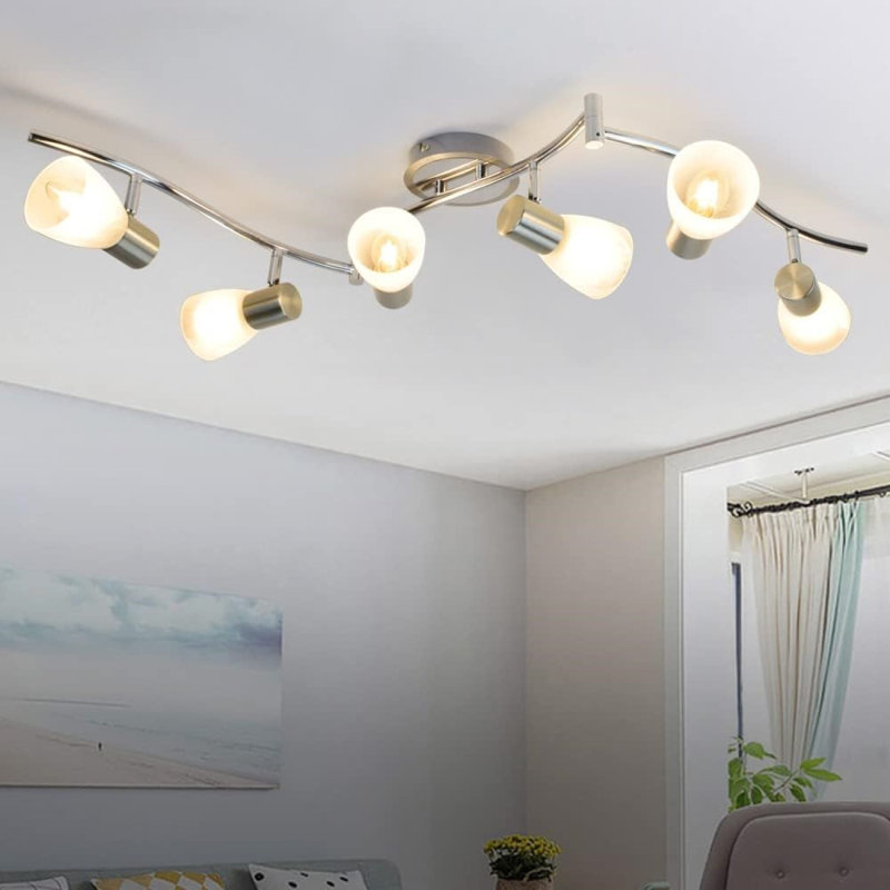 6-Light Flexible Track Lighting Rail Modern Directional Led Spot Ceiling Light Fixture With Glass Shade E12 Base Brush Steel
