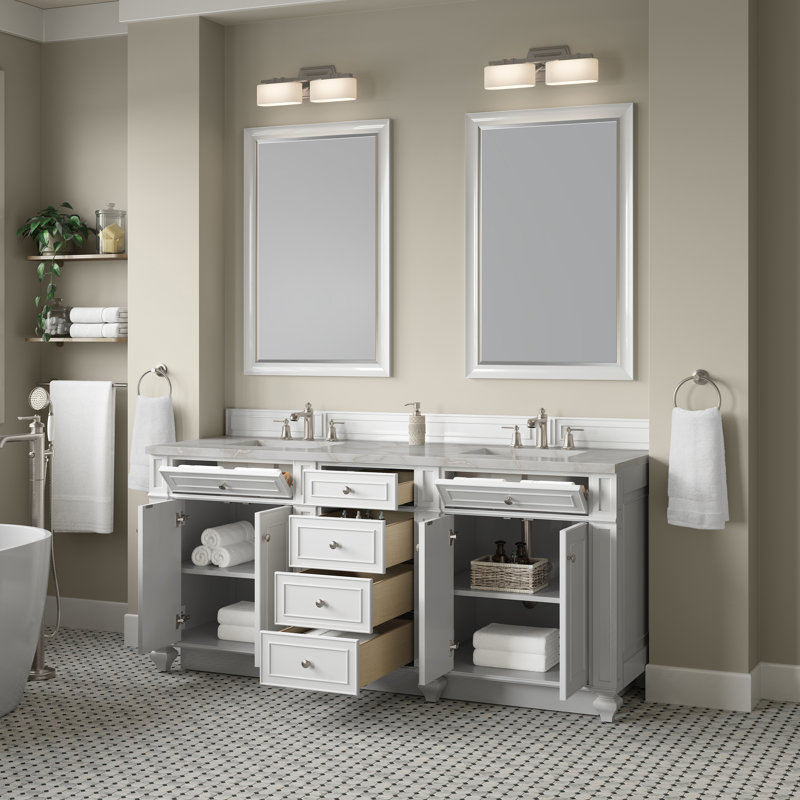 Meuble-lavabo double l 72 po Bristol, Blanc brillant, Argent victorien, 8 po