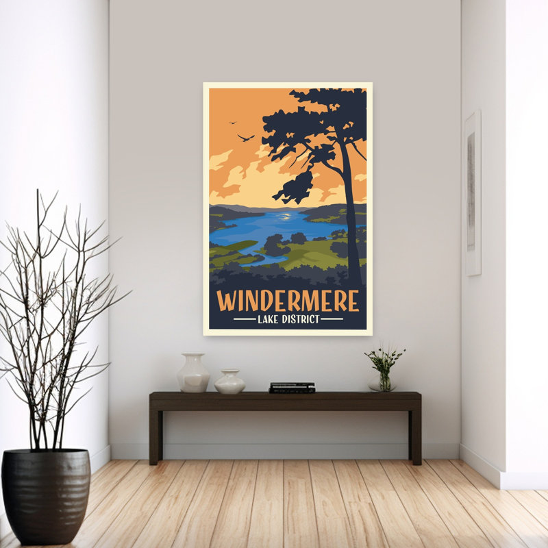 Coucher de soleil abstrait contemporain dans le district des lacs de Windermere, paysage d'oiseaux et d'arbres - Impression d'