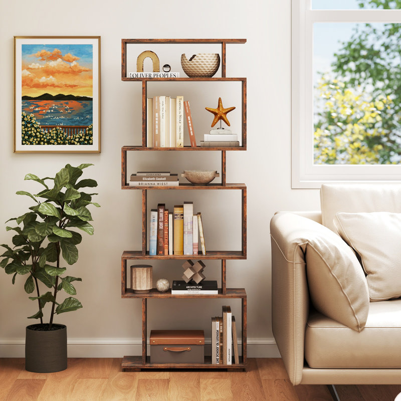 6-tier Storage Bookshelf S-shaped Geometric Bookcase With Anti-toppling Kits, Brown