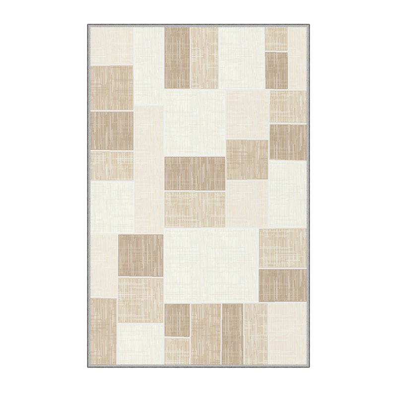 Tapis beige / ivoire en polyester tissé à la machine Deondry, Rectangle 3 pi 3 po x 6 pi 7 po