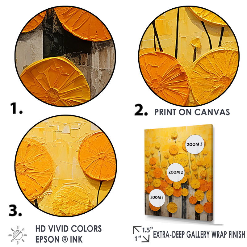«Yellow Flowers Pottery Garden I», reproduction sur toile, Cadre flottant doré, H 32 po x l 16 po x P 1 po