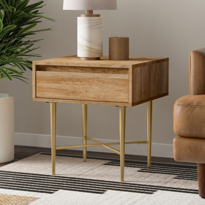 Table de bout contemporaine en bois de manguier massif l 20 po avec tiroir et base en métal Fallon