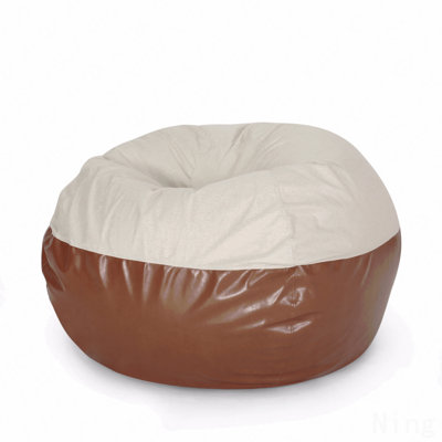 5 Foot Two Color Fabric And Faux Leather Rounded Bean Bag, Beige And Coffee Brown