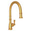 Kitchen faucet in gold finish with a high-arc pull-down spray head and lever handle
