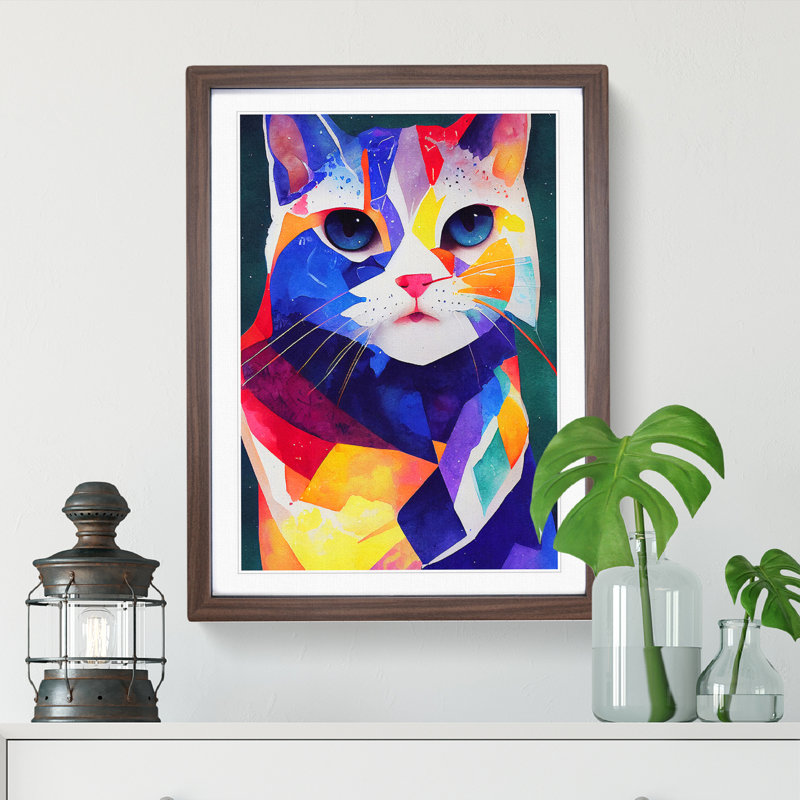 Colourful Cat No.2 Abstract - Wall Art, 36cm H x 27cm W x 2cm D, Walnut Framed, White