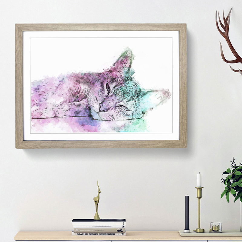 Colourful Abyssinian Cat in Abstract - Picture Frame Graphic Art Print on MDF, 48cm H x 65cm W x 2cm D, Oak Framed